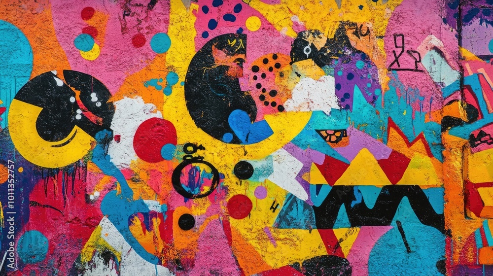 Fototapeta premium Brightly colored 90s graffiti and street art on a textured wall