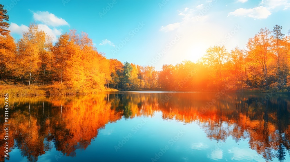 Obraz premium A vibrant autumn forest lake reflecting golden foliage and a clear blue sky under bright sunlight, creating a serene landscape with colorful trees on a crisp fall day.