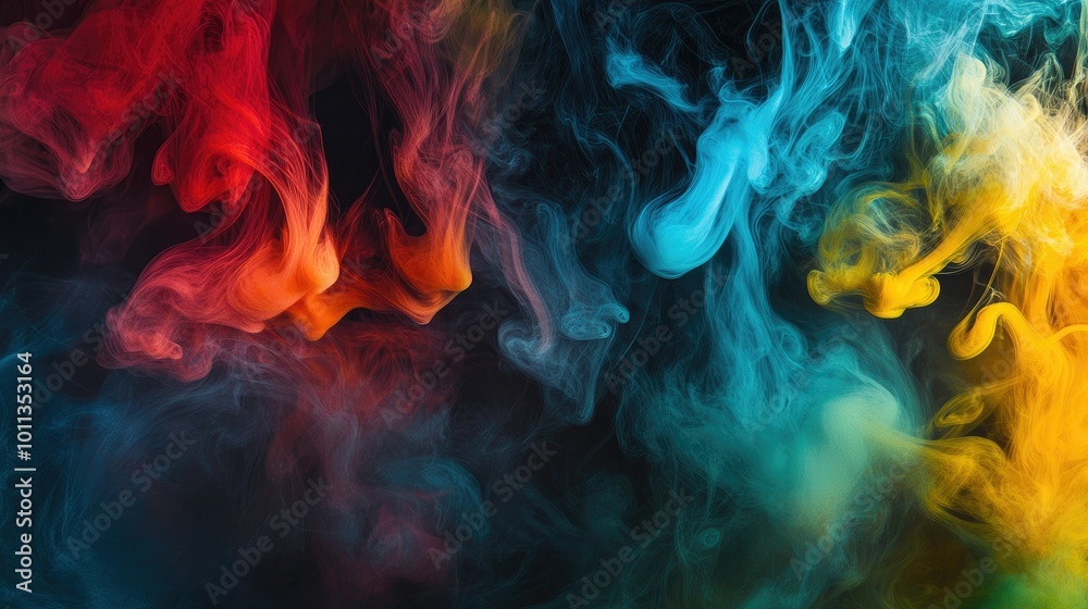 © phianguma - Dark, wispy black smoke intertwines with vibrant rainbow swirls in red, yellow, blue, and green, creating a bold, mysterious abstract background.
