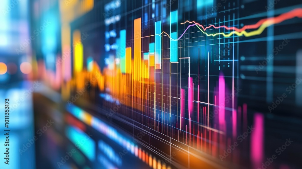 Data analysis in progress on a computer screen with colorful graphs and bar charts in a contemporary business environment. Data analysis in progress on a computer screen with colorful graphs and bar charts in a contemporary business environment.