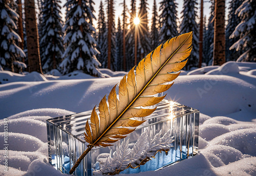 Golden feather sculpture in snowy forest landscape.