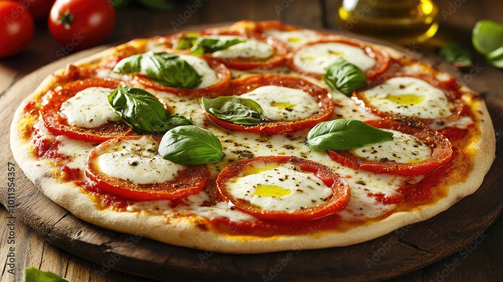 A delicious margherita pizza, topped with fresh mozzarella, tomatoes, and basil, served on a rustic wooden board with a drizzle of olive oil, showcasing classic Italian flavors A delicious margherita pizza, topped with fresh mozzarella, tomatoes, and basil, served on a rustic wooden board with a drizzle of olive oil, showcasing classic Italian flavors