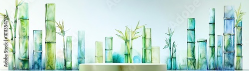 Modern bamboo-themed glass art installation with green and blue tones, perfect for contemporary interior design inspiration.