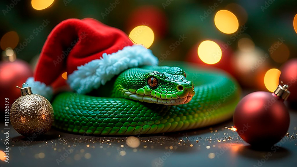 Green snake - symbol of 2025, in Santa's hat Green snake - symbol of 2025, in Santa's hat
