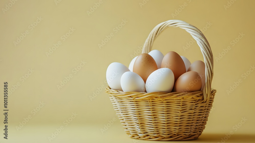 A rustic wicker basket filled with brown and white eggs set against a pale yellow background, highlighting natural textures and soft lighting in a minimalist and elegant composition. A rustic wicker basket filled with brown and white eggs set against a pale yellow background, highlighting natural textures and soft lighting in a minimalist and elegant composition.