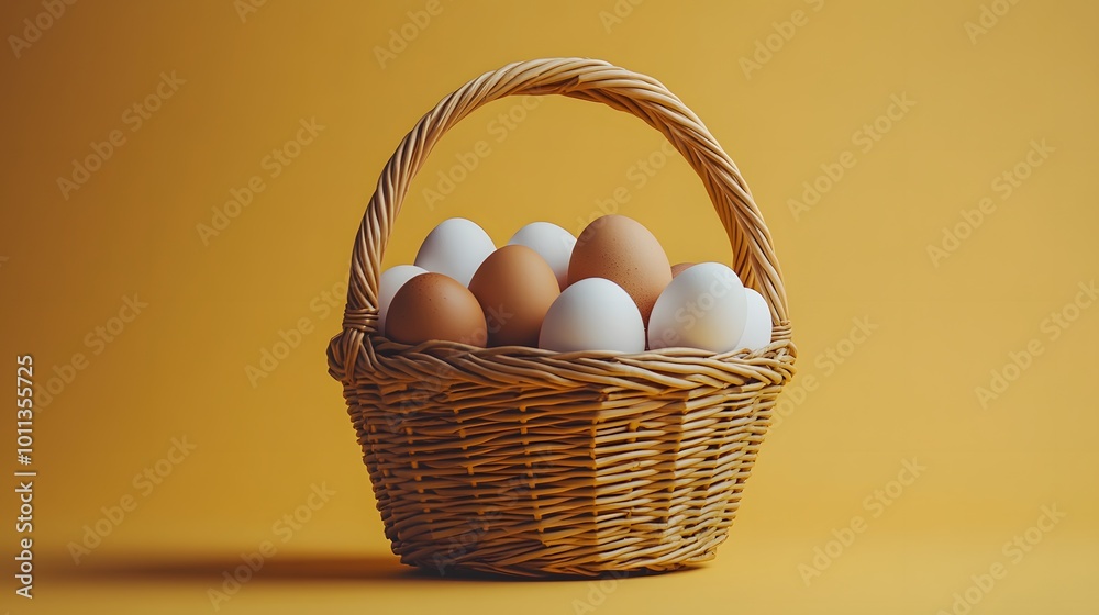 A rustic wicker basket filled with brown and white eggs set against a pale yellow background, highlighting natural textures and soft lighting in a minimalist and elegant composition. A rustic wicker basket filled with brown and white eggs set against a pale yellow background, highlighting natural textures and soft lighting in a minimalist and elegant composition.