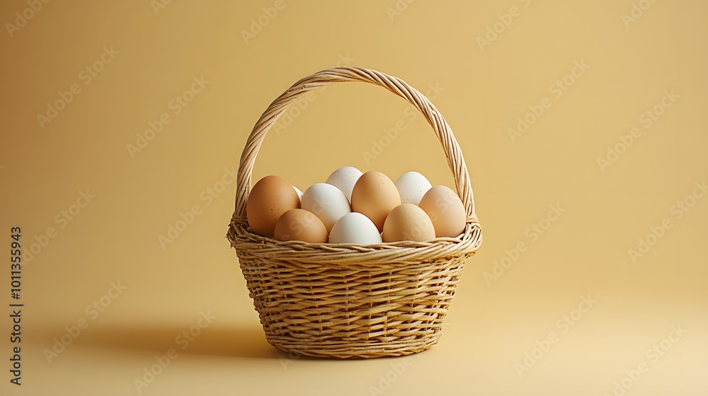 A rustic wicker basket filled with brown and white eggs set against a pale yellow background, highlighting natural textures and soft lighting in a minimalist and elegant composition.