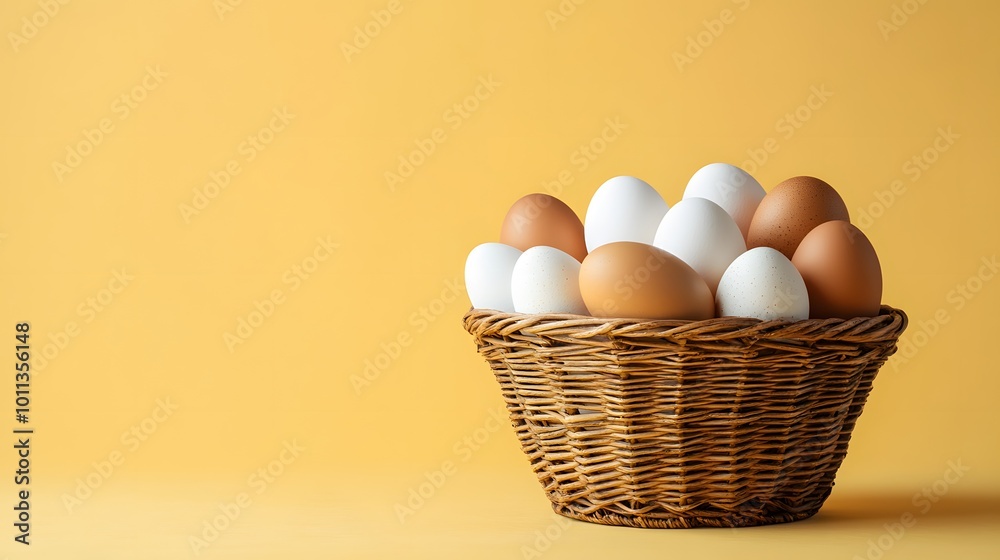 A rustic wicker basket filled with brown and white eggs set against a pale yellow background, highlighting natural textures and soft lighting in a minimalist and elegant composition. A rustic wicker basket filled with brown and white eggs set against a pale yellow background, highlighting natural textures and soft lighting in a minimalist and elegant composition.