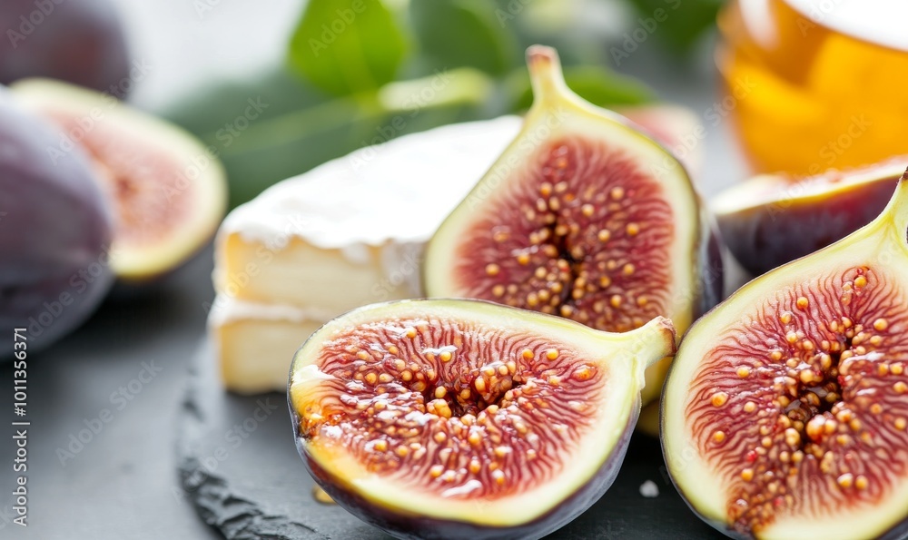 Fresh Figs Sliced Open Beside Creamy Cheese and Honey on a Slate Board in a Bright Kitchen Setting