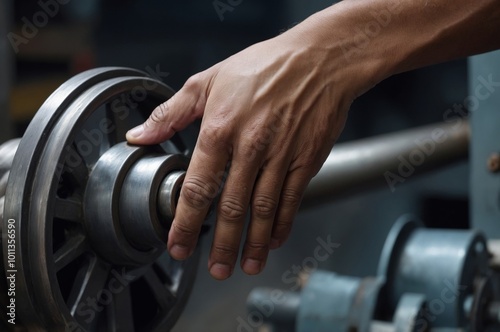 Close-up of hand on metal wheel in factory setting