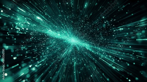 Dynamic Teal Light Beams Create a Sense of Movement in a Cosmic Space Environment