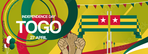 Togo independence day banner with country flag. Modern abstract art for various purposes such as public holiday greeting cards, sports and music event posters, web headers. Horizontal template