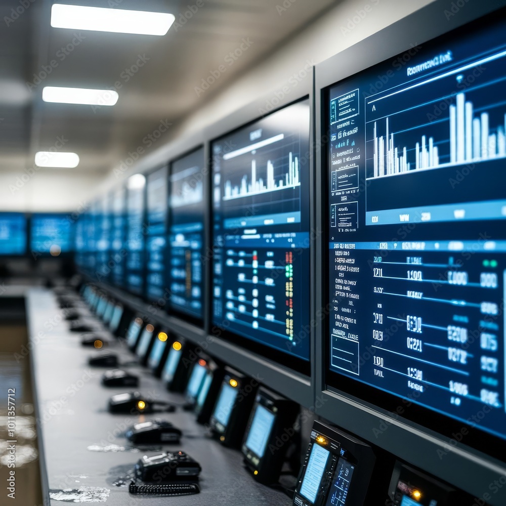 A flood control room with digital displays showing real-time water levels and emergency alerts, Flood control center, tech response A flood control room with digital displays showing real-time water levels and emergency alerts, Flood control center, tech response