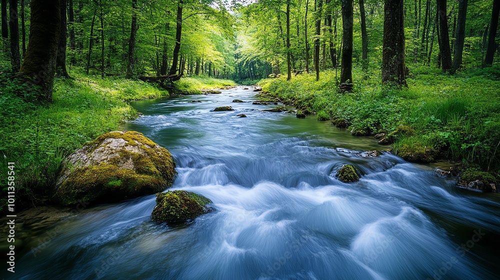A serene river flowing rapidly through a forest, showcasing the steady power of water over time, river flow, natural energy A serene river flowing rapidly through a forest, showcasing the steady power of water over time, river flow, natural energy