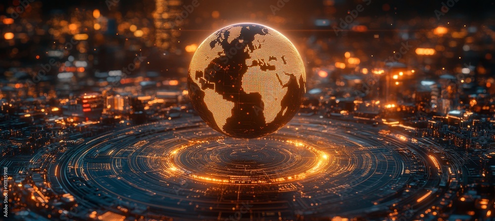 Glowing Earth Globe Hologram Over Futuristic Cityscape. Global Business And Technology Concept. Glowing Earth Globe Hologram Over Futuristic Cityscape. Global Business And Technology Concept.