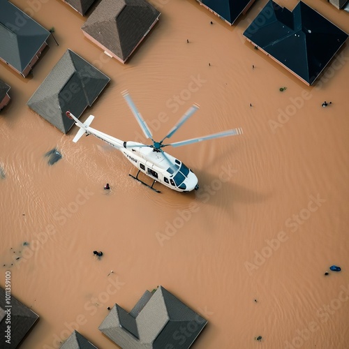 A helicopter rescuing people from a flooded neighborhood, Aerial flood rescue, disaster response photo