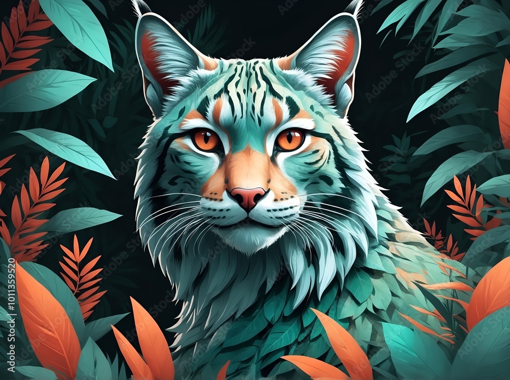 Majestic turquoise lynx posing in lush jungle foliage Majestic turquoise lynx posing in lush jungle foliage