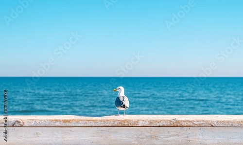 A Seagull Standing on a Wooden Railing Overlooking the Calm Blue Ocean on a Sunny Day