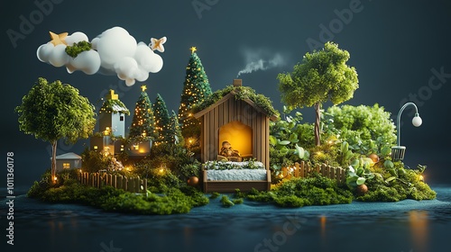 Crib surrounded by Christmas garlands and gentle holiday lights, 3D illustration