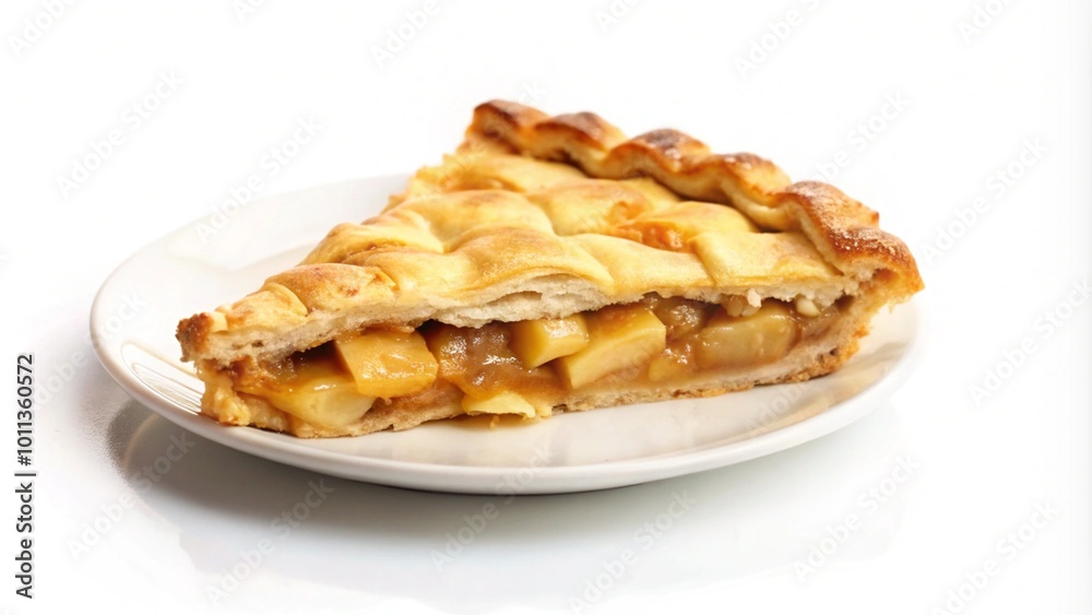 A slice of apple pie on a white plate. A slice of apple pie on a white plate.