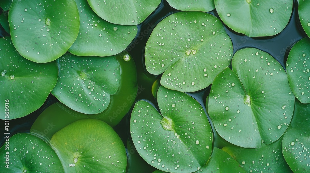 Fototapeta premium Water Lily Leaves Float Peacefully on a Calm Pond With Droplets in Morning Light