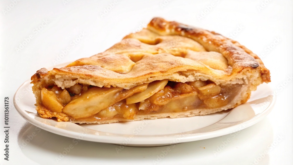 A slice of apple pie on a white plate. A slice of apple pie on a white plate.