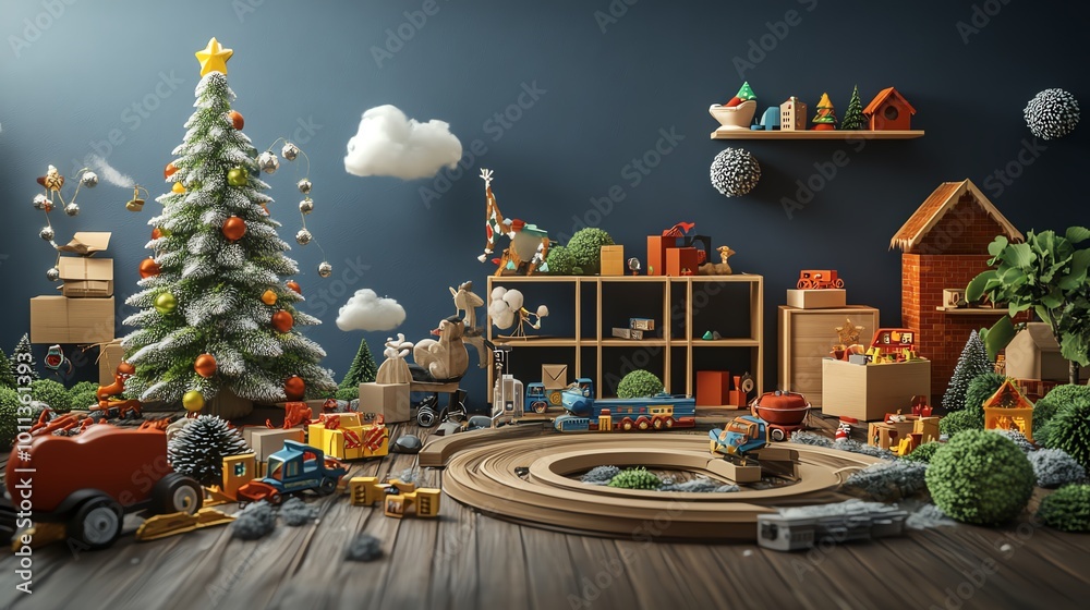 Fototapeta premium Playroom with Christmas tree and festive toys, cheerful holiday atmosphere, 3D illustration