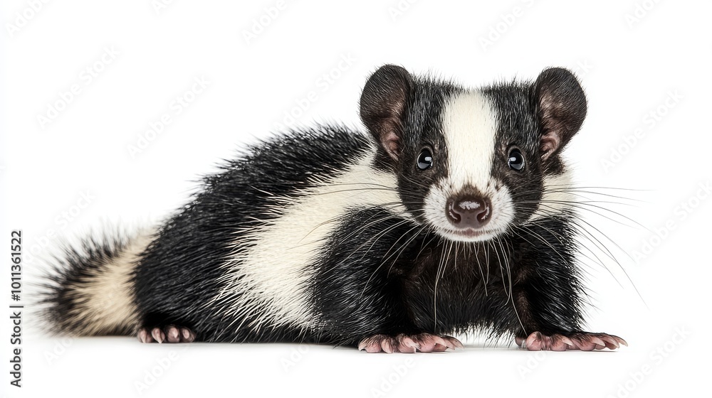 A Playful Striped Skunk Poses for a Studio Portrait Against a Clean White Background A Playful Striped Skunk Poses for a Studio Portrait Against a Clean White Background