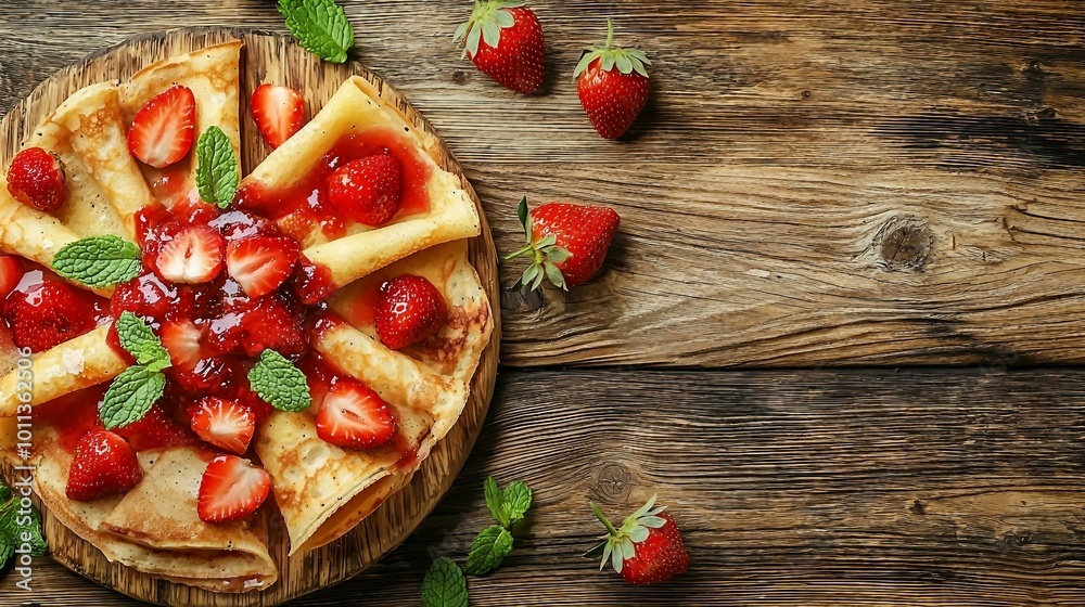 Delicious Crepes with Fresh Strawberries and Mint on a Rustic Wooden Table Delicious Crepes with Fresh Strawberries and Mint on a Rustic Wooden Table