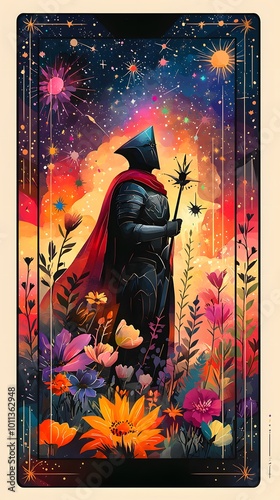Knight in Battle Among Vibrant Cosmic Background