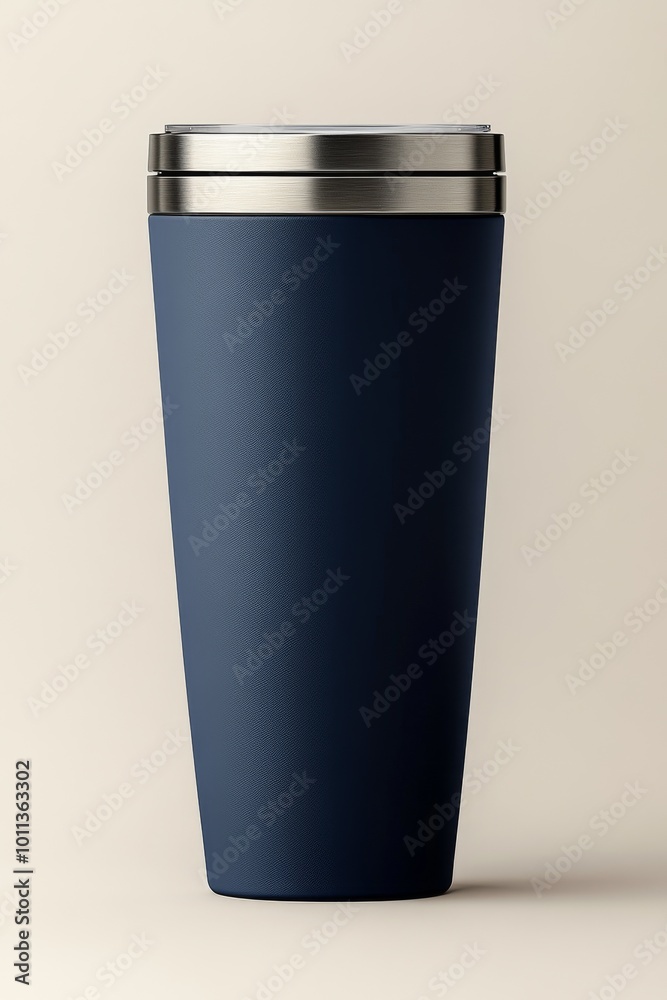 A Stylish Navy Travel Mug With a Metallic Lid Displayed Against a Soft Beige Background A Stylish Navy Travel Mug With a Metallic Lid Displayed Against a Soft Beige Background