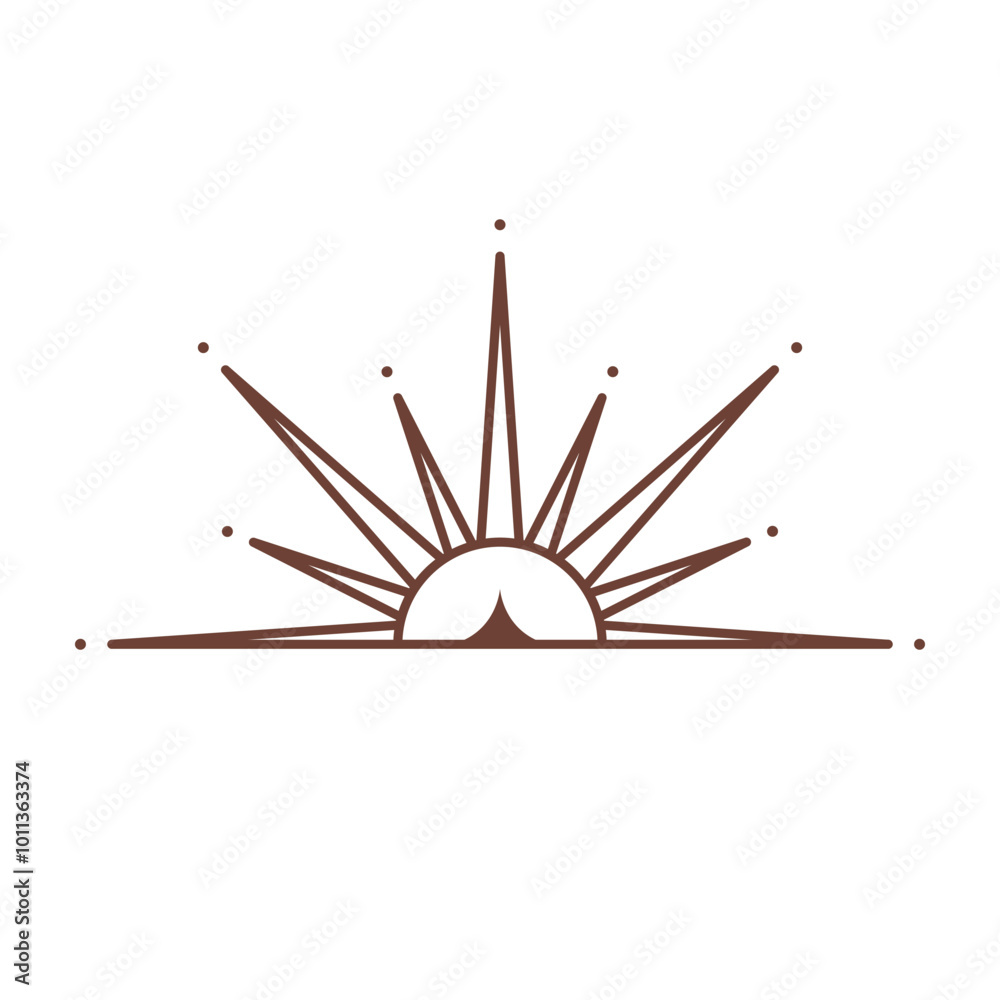 Vector bohemian logo design template with sun,sunburst and star. Boho linear icon or symbol in trendy minimalist style.Modern celestial emblem.Branding design template. Vector bohemian logo design template with sun,sunburst and star. Boho linear icon or symbol in trendy minimalist style.Modern celestial emblem.Branding design template.