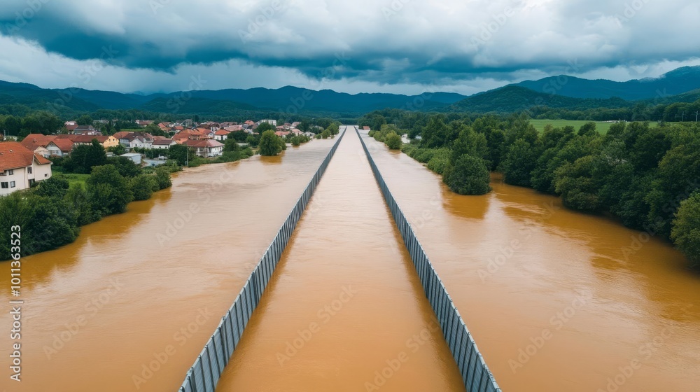 Emergency flood barriers being raised as storm clouds gather, protecting a town from incoming waters, Flood defense system activation, infrastructure protection