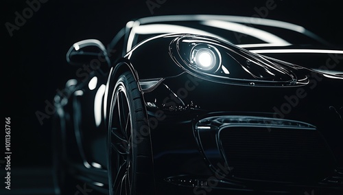 A black car with headlights, close-up, against a black background