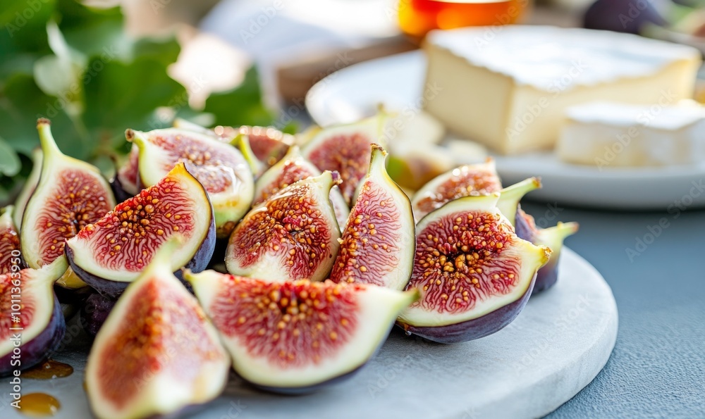 Freshly Sliced Figs and Cheese on a Marble Platter for a Delightful Afternoon Snack Freshly Sliced Figs and Cheese on a Marble Platter for a Delightful Afternoon Snack