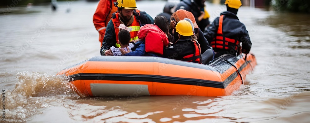 Emergency responders guiding families to safety through waist-deep water, Flood rescue operation, community aid Emergency responders guiding families to safety through waist-deep water, Flood rescue operation, community aid