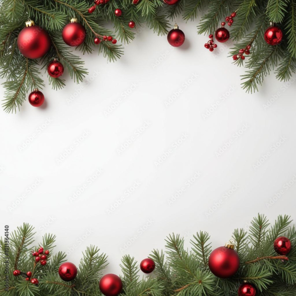 Green pine tree branches with red Christmas ornaments on a white background Green pine tree branches with red Christmas ornaments on a white background