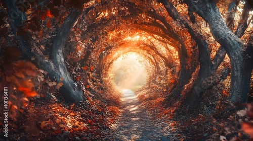 A picturesque autumn forest scene with vibrant red, orange, and yellow leaves on the trees, creating an enchanting path through the woods