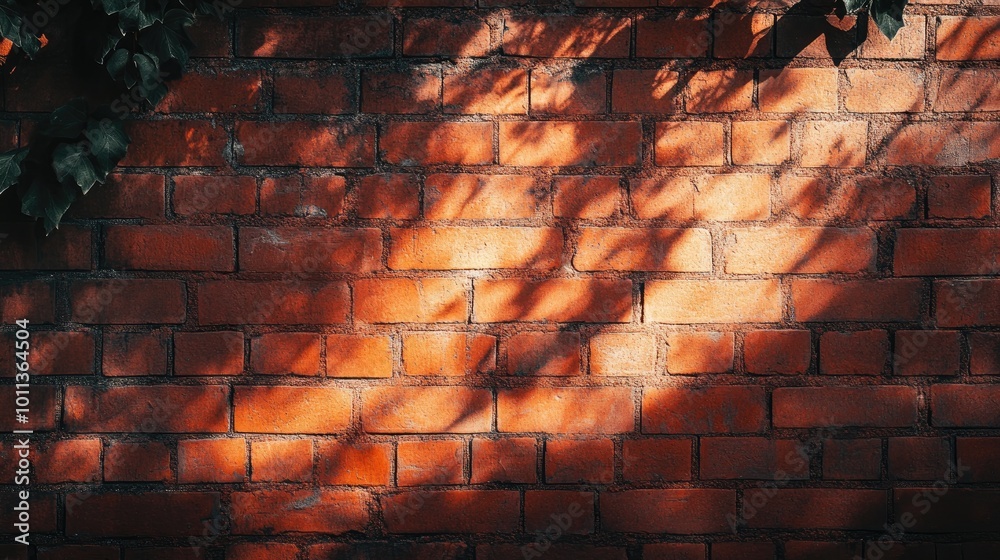 A red brick wall with sunlight casting shadows, emphasizing texture and the contrast between light and color in a cityscape.