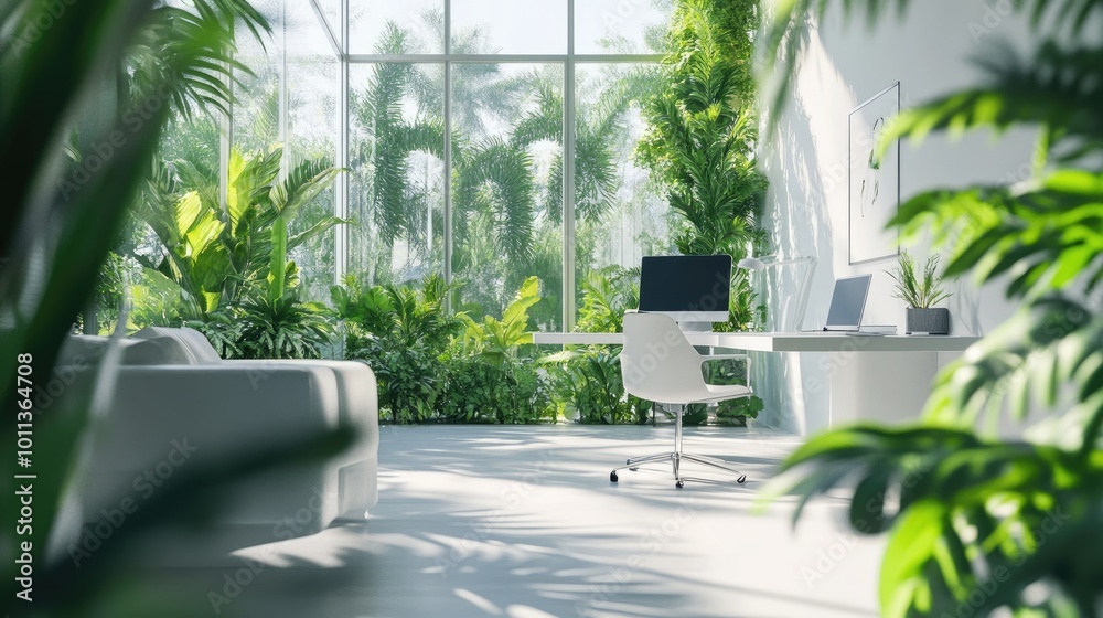 A bright and airy modern home studio featuring a combination of sleek furniture and lush greenery, providing a tranquil environment for creativity and work. A bright and airy modern home studio featuring a combination of sleek furniture and lush greenery, providing a tranquil environment for creativity and work.