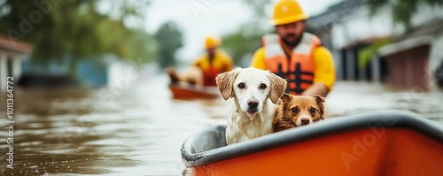 Emergency workers rescuing pets from flooded homes, carrying them in small boats, Flooded pet rescue, disaster compassion photo