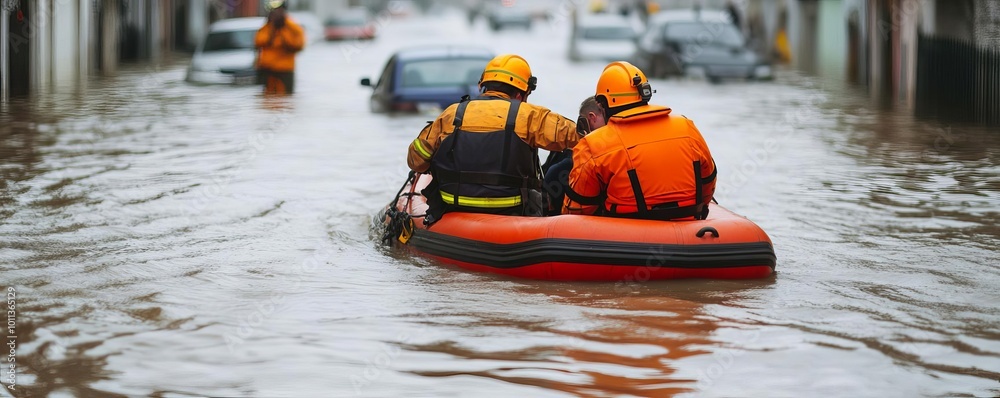 Flooded streets in a major city, emergency responders in boats rescuing people from submerged cars, City flood rescue operation, urban disaster recovery Flooded streets in a major city, emergency responders in boats rescuing people from submerged cars, City flood rescue operation, urban disaster recovery