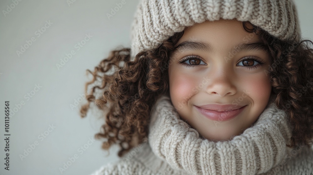 A smiling child wearing a cozy sweater and hat. A smiling child wearing a cozy sweater and hat.