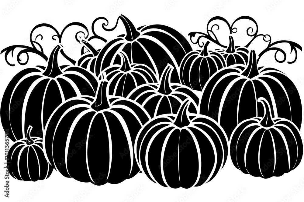 Delight in a Lively Vector Illustration Showcasing a Field of Pumpkins in an Assortment of Shapes and Sizes





