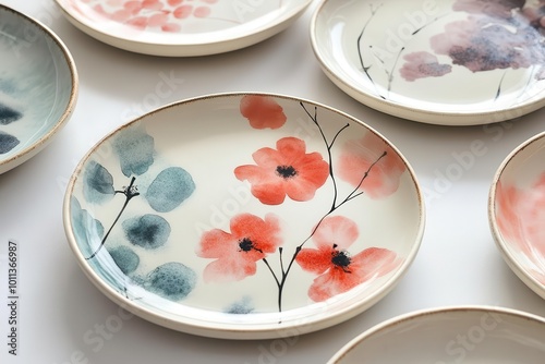 A collection of Japanese ceramic plates with watercolorinspired floral designs, subtle brushstrokes and organic shapes, exuding simplicity and charm photo