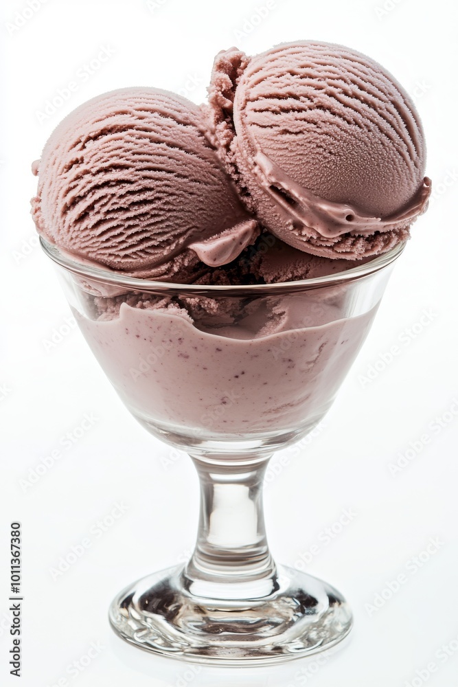 Delicious Scoop of Chocolate Ice Cream Served in a Clear Glass Dish on a White Background Delicious Scoop of Chocolate Ice Cream Served in a Clear Glass Dish on a White Background