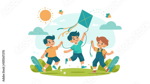 Cartoon family of four playing on the beach under a colorful umbrella, summer fun illustration