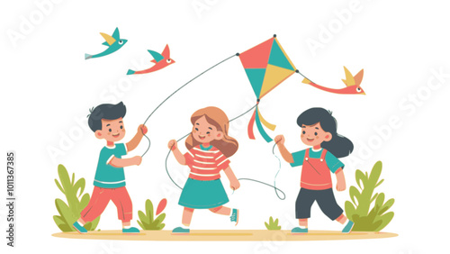 Cartoon kids flying kites in summer sky, illustration