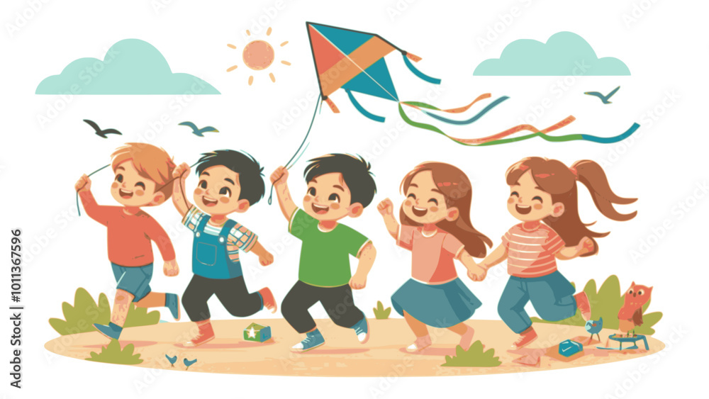 Cartoon illustration of happy family on summer beach vacation playing with children Cartoon illustration of happy family on summer beach vacation playing with children