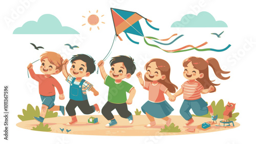 Cartoon illustration of happy family on summer beach vacation playing with children